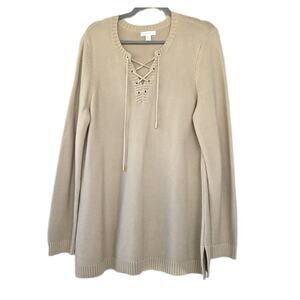 Charter Club Womens XL Sweater Lace Up Neck Knit Pullover Beige Tan Cotton New